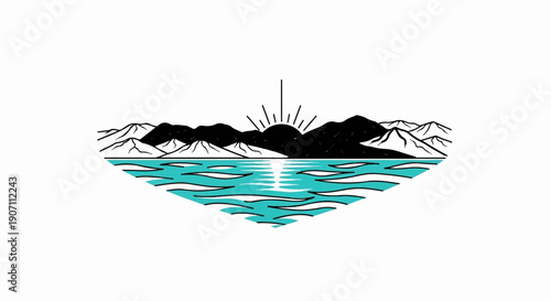 Stylized mountainous landscape with a rising sun over water