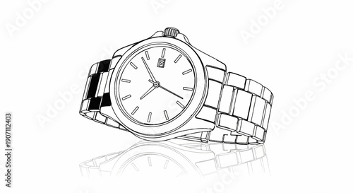Stylized outline drawing of a wristwatch with metal band, reflected