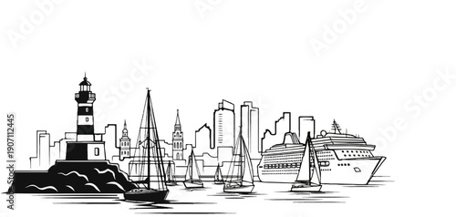 Stylized outline of a coastal city skyline with a lighthouse, sailboats, and a large liner