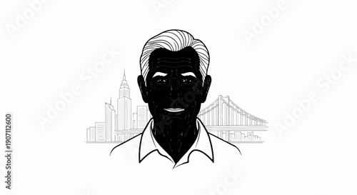 Stylized portrait of an elder man with city skyline and bridge