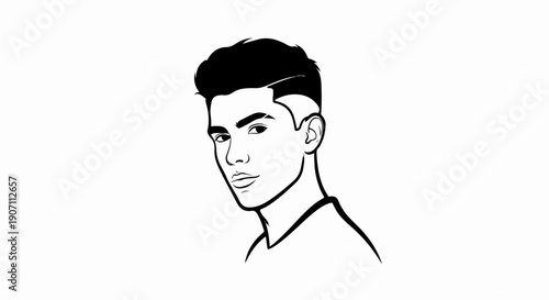 Stylized portrait of a young man with dark, voluminous hair and sharp side fade