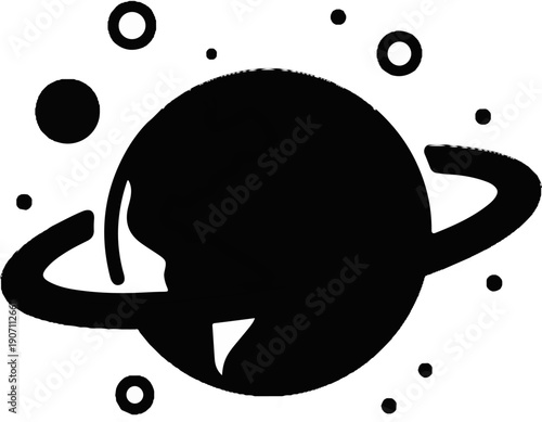 Stylized planet with rings and orbiting moons or asteroids in black