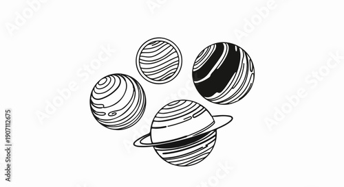 Stylized planets with distinct rings and striped surfaces on white