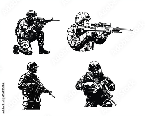 Soldiers in various combat stances with rifles