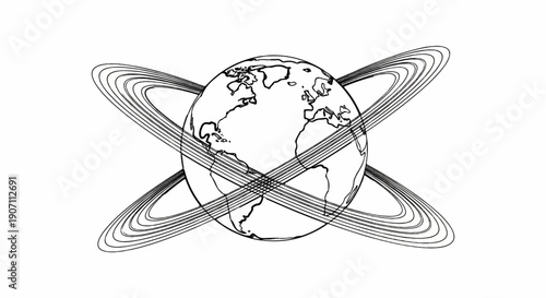 Stylized planet Earth with intersecting elliptical orbits