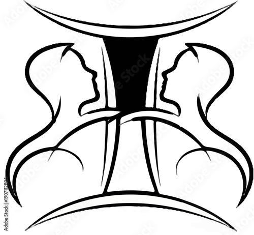 Stylized twin figures embracing a central abstract column