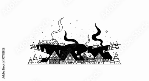 Stylized village scene at night with smoke plumes and starry sky