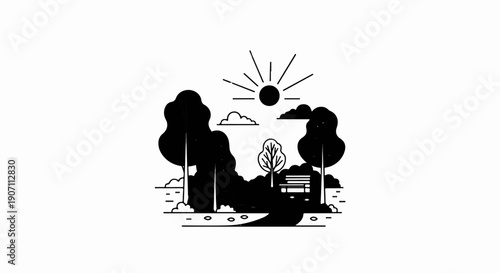 Stylized park scene with sun, clouds, trees, and bench
