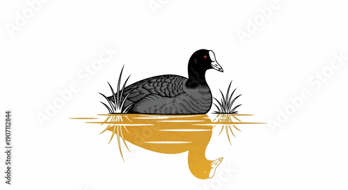 Stylized water bird with red eye and reflection in golden water