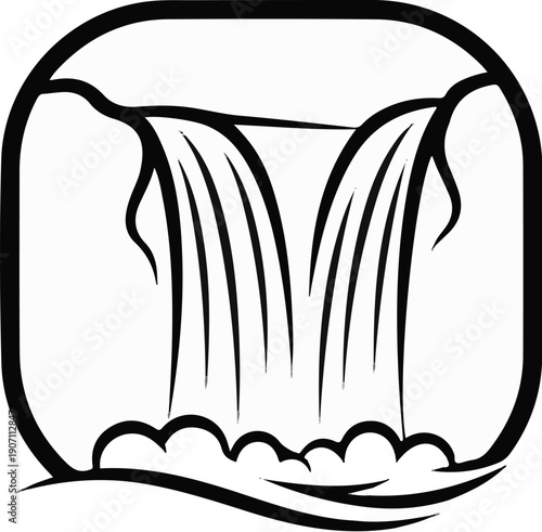 Stylized waterfall pouring into water in a framed graphic