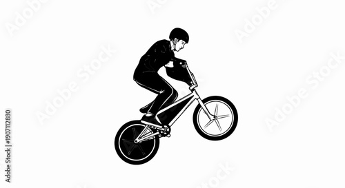 Stylized sketch of a person on a bicycle performing a wheelie