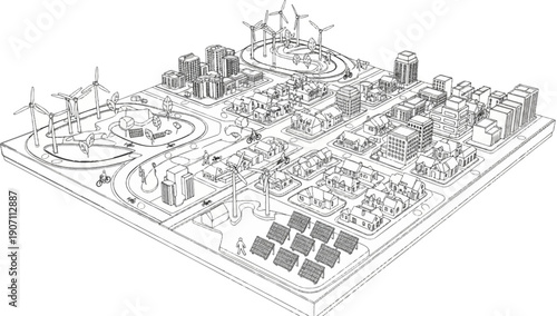 Stylized sketch of a sustainable urban environment with wind turbines and solar panels