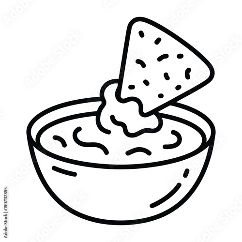Black and white line art icon of a tortilla chip dipping into a bowl of salsa or dip