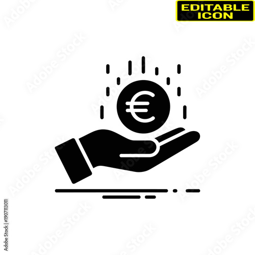 Hand holding a glowing euro symbol with radiating lines indicating financial growth Vector, illustration