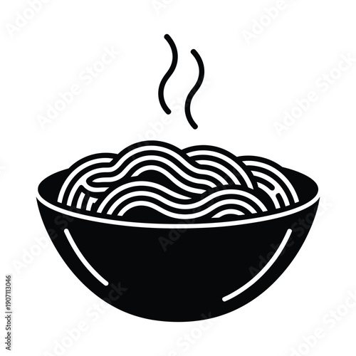 Steaming hot bowl of noodles icon or symbol, simple black and white line art illustration of ramen or pasta dish