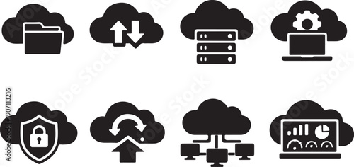 Comprehensive Cloud Computing Vector Icons Set: Data Storage, Server Hosting, Security Shield, Upload/Download, Network, and Business Analytics Glyph Symbols Collection.