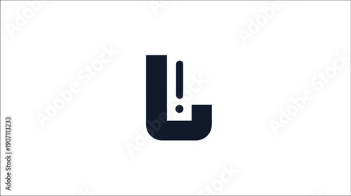 A dark blue geometric logo design featuring the letter "L" and an exclamation point