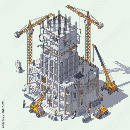 Construction Site with Cranes and Building.