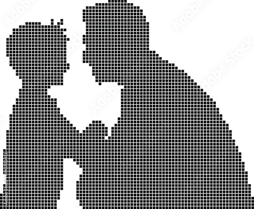 Silhouette of two people kissing pixelated love moment