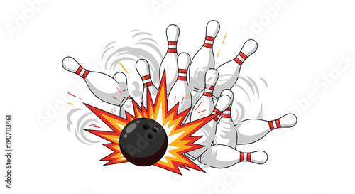 A black bowling ball aggressively strikes and explosively scatters several white bowling pins in a dynamic action scene on a white background.