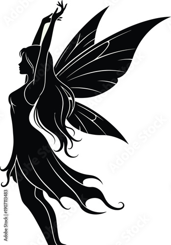 Elegant fantasy fairy silhouette with flowing hair and graceful wings in a mystical pose