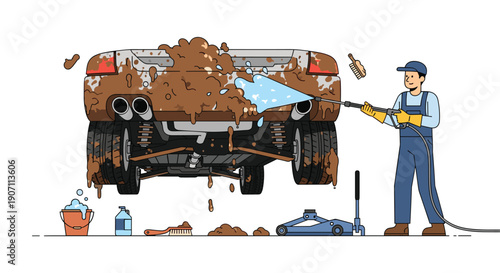 A person in overalls and a cap uses a high-pressure washer to clean a heavily mud-splattered car from the rear bumper on a white background.