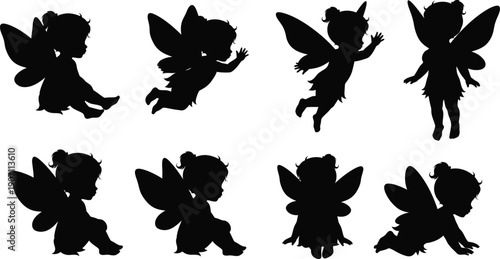 Charming collection of whimsical fairy silhouette illustrations in various enchanting poses, perfect for magical design projects