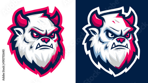 A stylized illustration of a creature with horns, a stern face, and a fur-like design