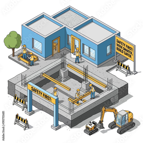 Construction Site with Building and Workers.