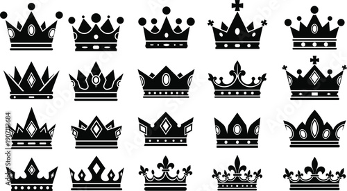 Crown silhouette illustration set, twenty black icons with unique regal designs jewels crosses fleur-de-lis pointed arches ornamentation, vector artwork, royalty and nobilit