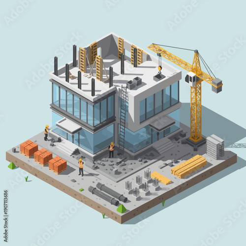 Isometric Building Under Construction with Crane.