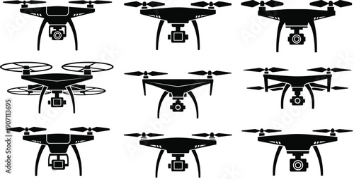 Drone silhouette illustration set, nine black quadcopters and hexacopters with mounted cameras varied propeller designs body shapes, vector artwork, technology and aviation theme, isolated background