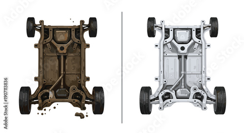 A striking side-by-side comparison illustrating a rusted and dirty car chassis next to a pristine, clean, and new car frame on a white background.