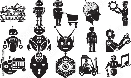 Collection of robot icons illustrating AI, automation, and digital advancements
