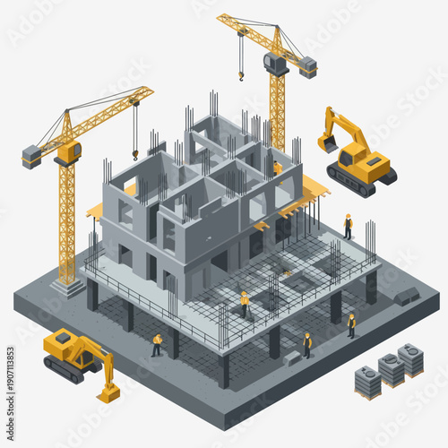 3D Model of Construction Site with Cranes.