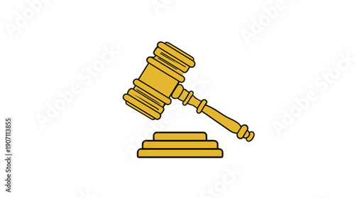 A golden, cartoonish gavel with a black outline rests on a three-tiered platform against a white background
