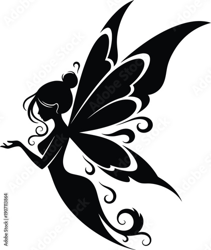 Graceful black fairy silhouette with decorative wings, evoking magic and enchantment in a beautiful mystical design