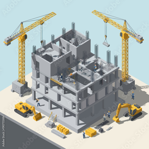 Construction Site with Cranes and Machinery.