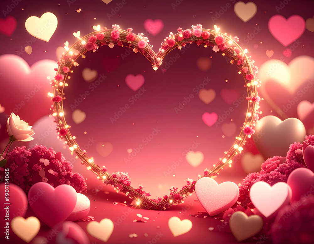 custom made wallpaper toronto digitalRomantic heart-shaped wreath with sparkling fairy lights and bokeh hearts background for Valentine's Day. Generative AI.