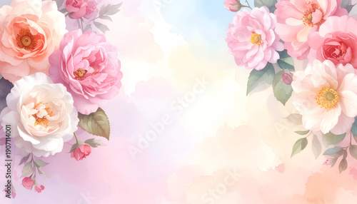 Wallpaper Mural Soft pastel floral background with pink roses and delicate flowers, copy space. Torontodigital.ca