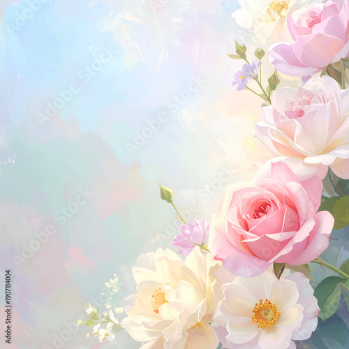 Wallpaper Mural Soft pastel floral background with pink roses and delicate flowers, copy space. Torontodigital.ca