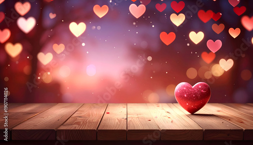 Wallpaper Mural Romantic composition featuring a single glossy red heart resting on a wooden table, illuminated by warm glowing heart-shaped bokeh lights in the background. Torontodigital.ca