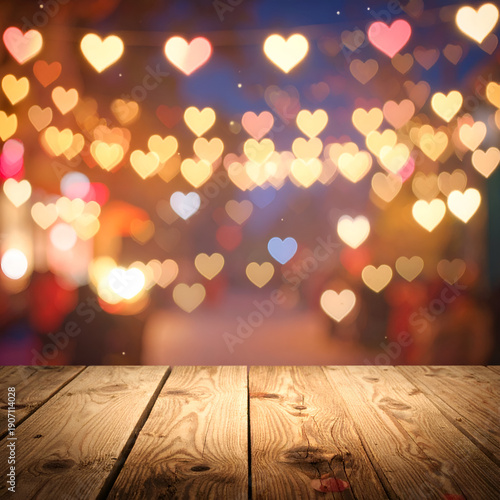 Wallpaper Mural Warm golden heart bokeh lights background with wooden table and copy space. Torontodigital.ca