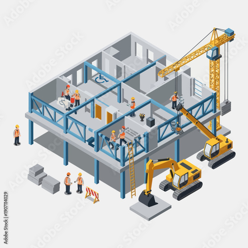 Construction Site with Crane and Workers.