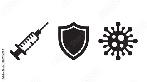 Vaccine Syringe, Shield, and Virus Icons in Simple Flat Design with Monochromatic Color Scheme for Health and Medical Use