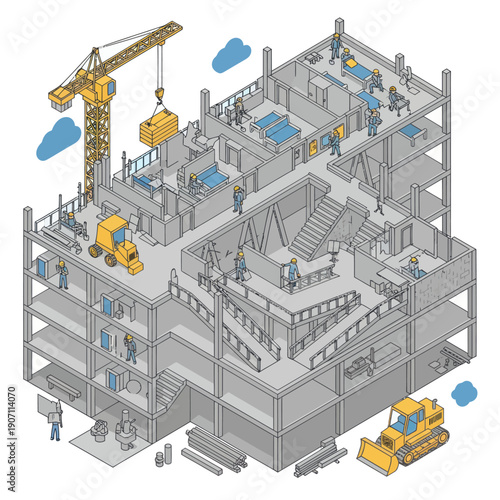 Isometric Building Construction Site with Crane and Machinery.