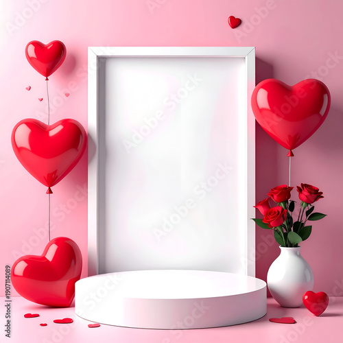 Wallpaper Mural Romantic white frame and round podium with red heart balloons on pink background. Torontodigital.ca