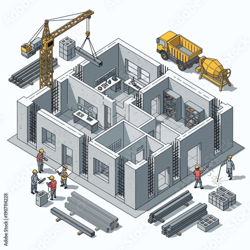 Construction Site with Building and Workers.