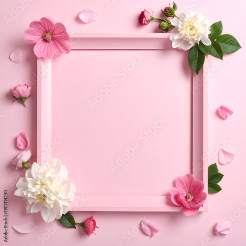 Wallpaper Mural Top view of pink empty picture frame decorated with beautiful flowers and petals on pastel pink background. Generative AI. Torontodigital.ca