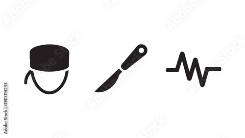 Minimalist icons of chef hat, palette knife, and heartbeat line in simple black design on white background for graphic design elements